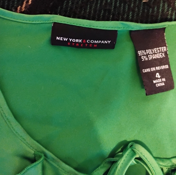 New York And Company Vibrant Green Ruffle, Sleeveless, Satin Blouse. - Picture 7 of 9
